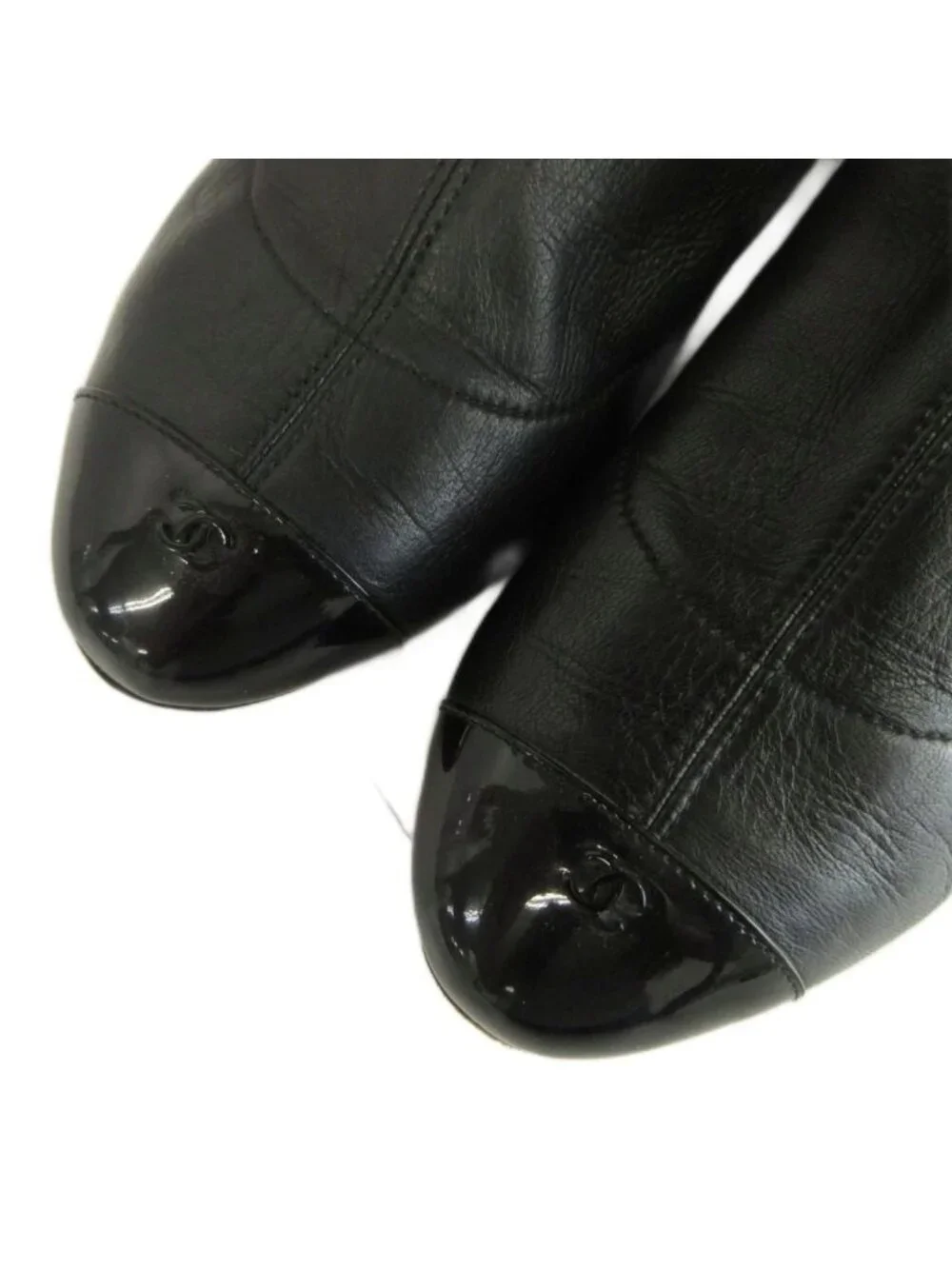 Chanel Long Boots Leather Patent Paneled Round Toe Flat CC Logo
